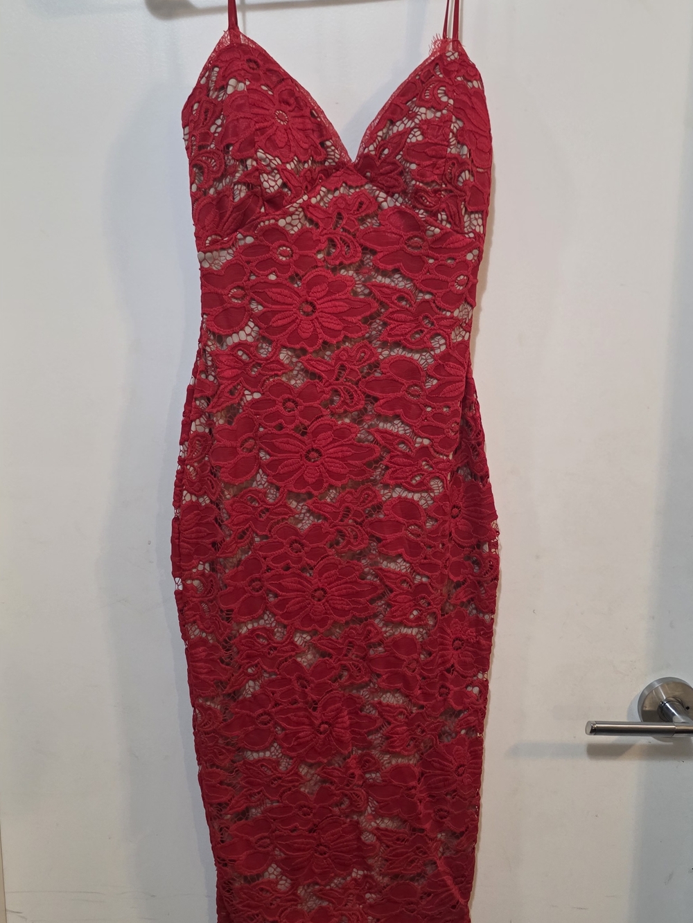 Hot Miami Styles Red Floral Lace Midi Dress with Spaghetti Straps